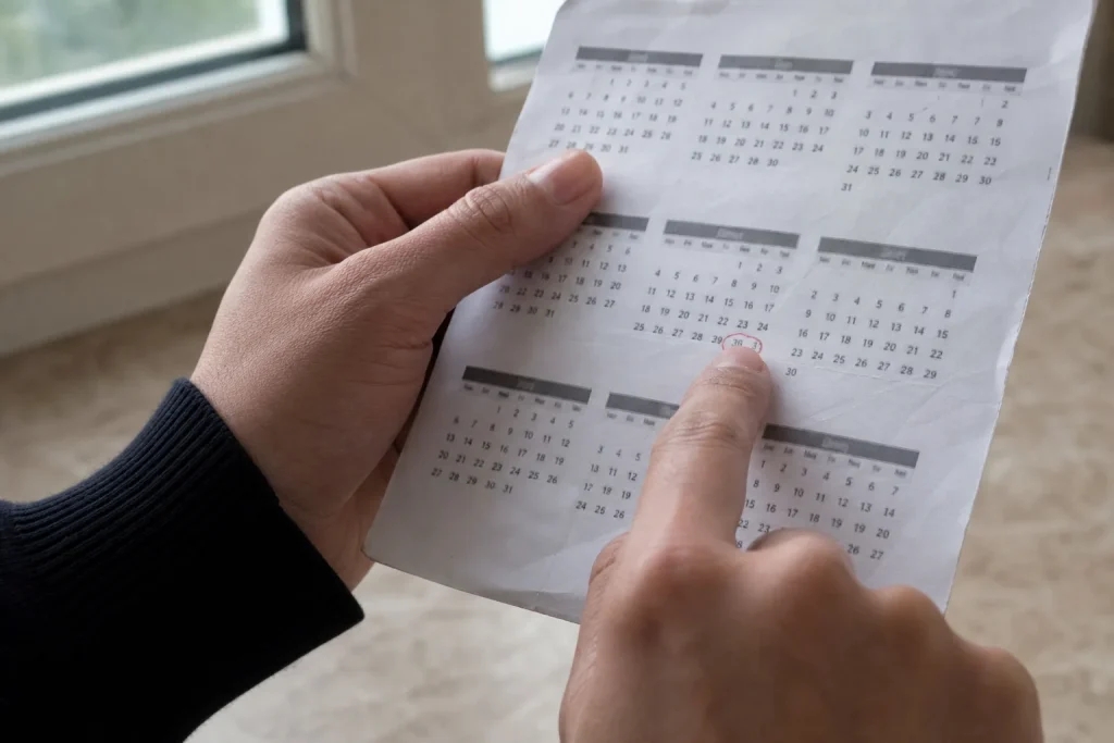 Händer håller en liten kalender och markerar ett datum flera månader framåt, ett enkelt test kan avslöja dold risk för hjä...