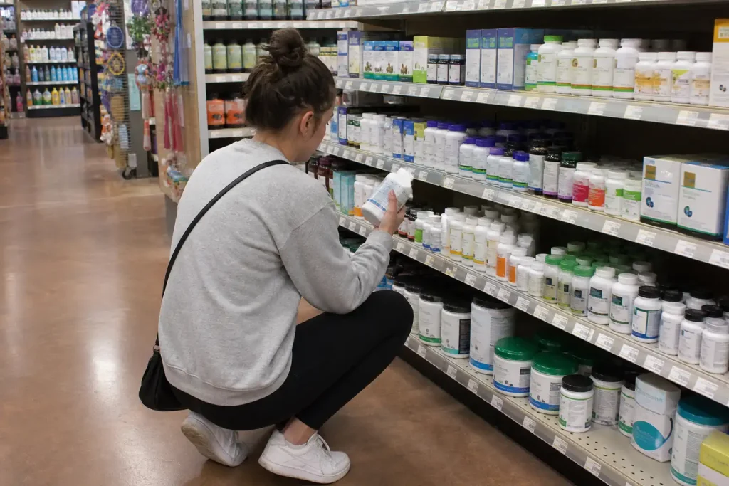En person böjer sig ner och läser etiketten på en kosttillskottsburk i en butikshylla, relaterat till forskning om att en ...