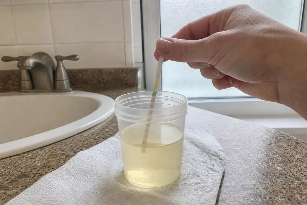 En hand håller en teststicka i ett urinprov på badrumsbänken, ett vardagligt sätt att följa upp typ 1 diabetes komplikatio...