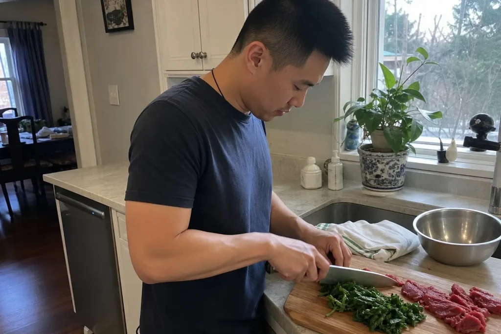 En person hackar mörka bladgrönsaker och rött kött på en skärbräda i köket, jakt på nyttigare järnrik mat.