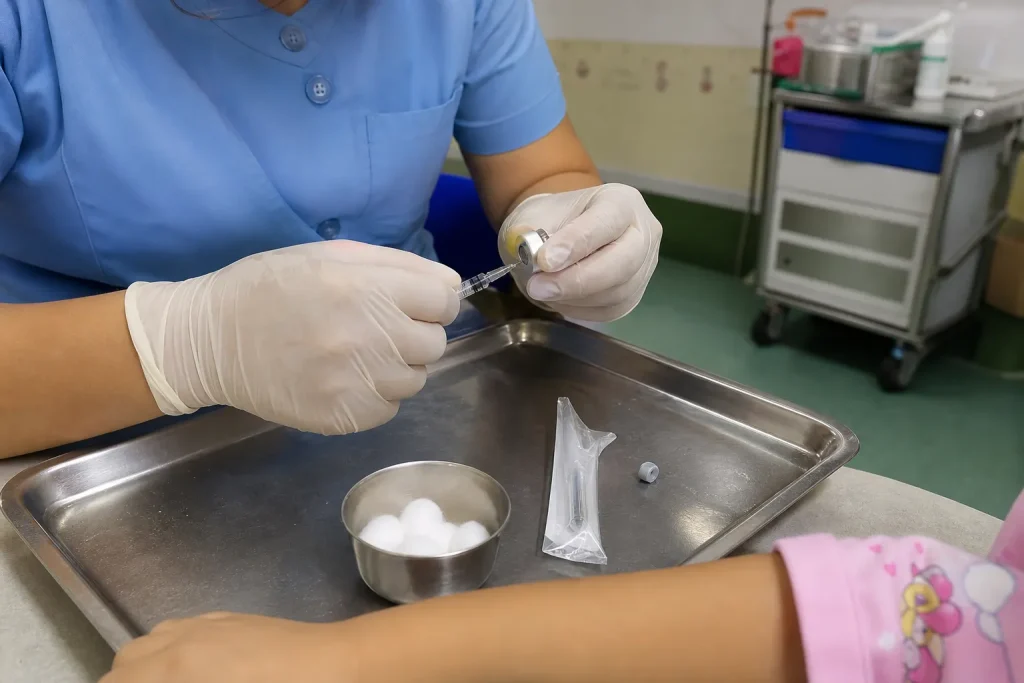 Sjuksköterska förbereder injektion för att fördröja typ 1-diabetes hos barn på klinik
