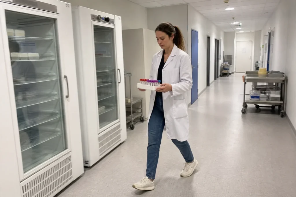 Labbtekniker går genom sjukhuskorridor med provrör, i samband med forskning kring genterapi typ 1-diabetes