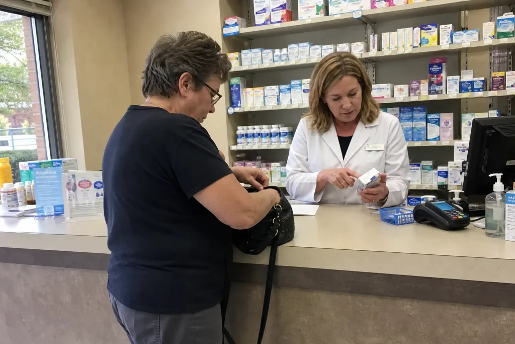 Kund vid apoteksdisk får information om GLP-1-läkemedel biverkningar ögon av farmaceut