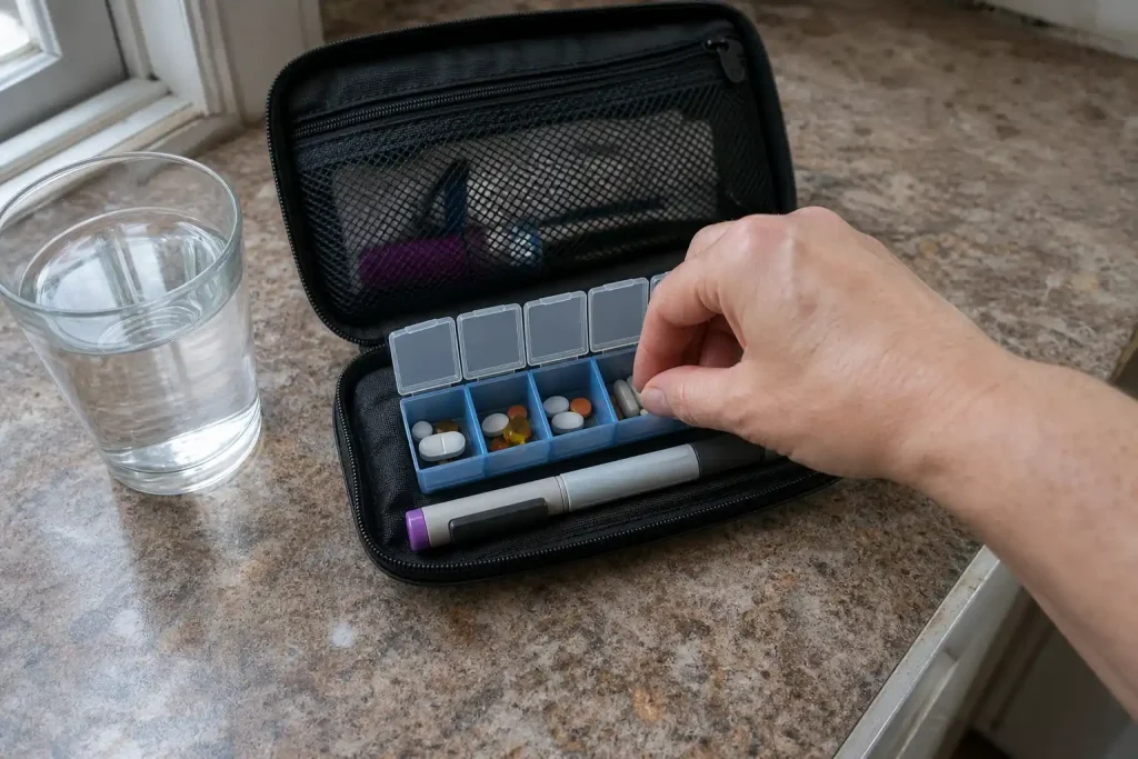 Hand sorterar insulinpenna och tabletter i pillerdosa i samband med behandling av tirzepatid hjärt-kärlrisk diabetes