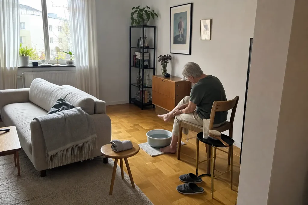 Äldre person sköter sin egen fot vid ett litet fotvårdshörn i vardagsrummet, exempel på neuropati fötter behandling