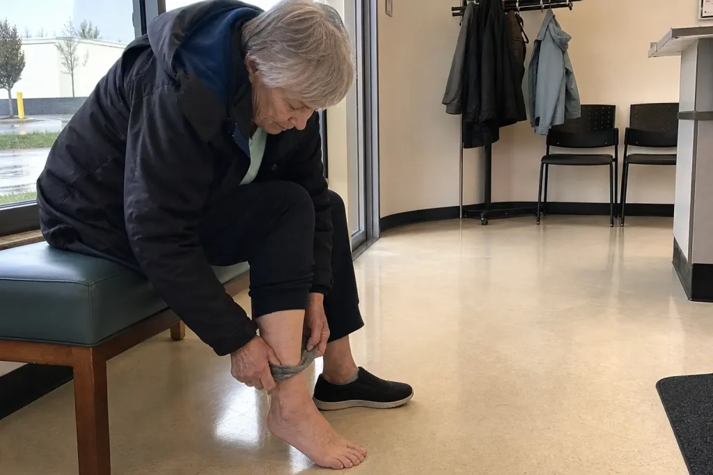 Äldre person rullar ner strumpan för att undersöka foten, ett steg i utredning av neuropati fötter behandling.