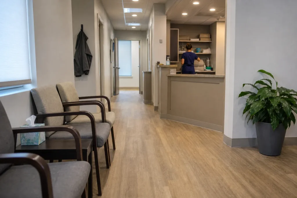 Väntrum på tandklinik en tidig morgon, relevant för långsiktig implantatframgång vid stabil blodsockerkontroll hos diabetiker