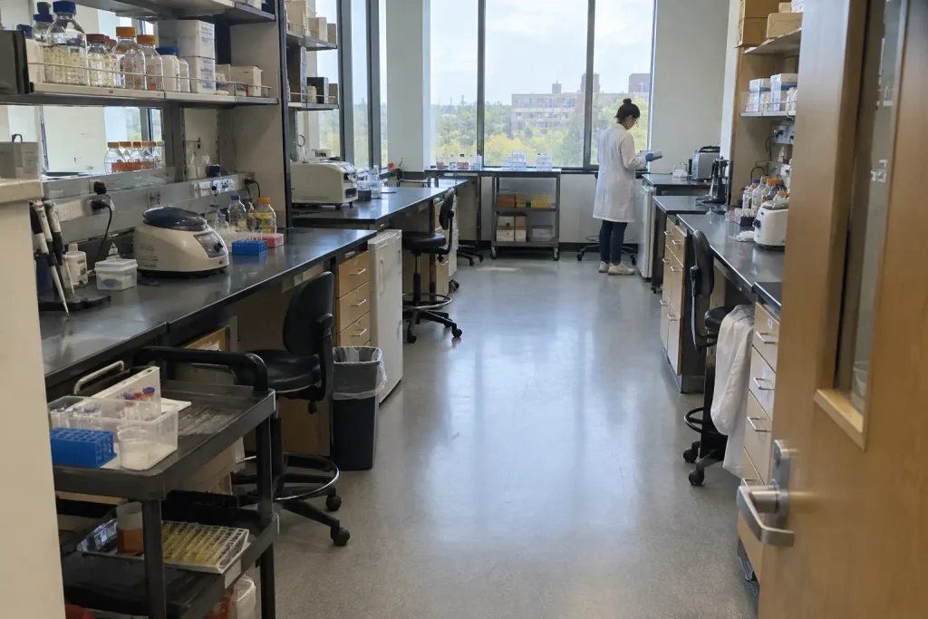 Universitetslabb med bänkar och utrustning, en forskare i bakgrunden, till artikeln om experimentellt läkemedel mot fettle...