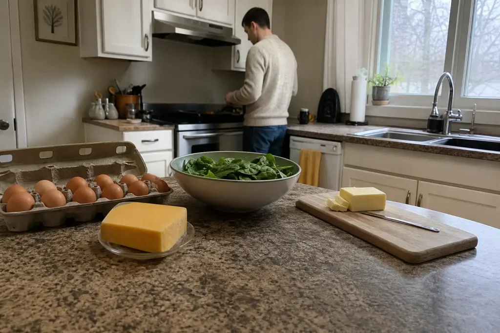 Köksbänk med ägg, ost, gröna blad och smör, en person lagar lchf recept vid spisen i bakgrunden.