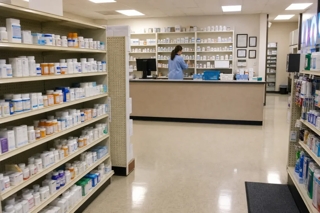 Apoteksinteriör med hyllor av läkemedel, i bakgrunden en farmaceut som fyller på hyllorna. Diabetesmedicinen metformin anv...