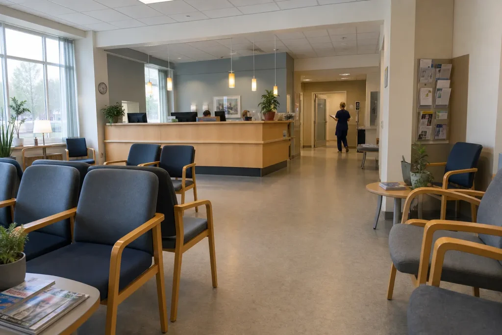 Väntrum på vårdcentral med stolsrader, en sköterska syns i bakgrunden. 0,5 miljon har T2DM utan att veta om det, 0,8 miljo...
