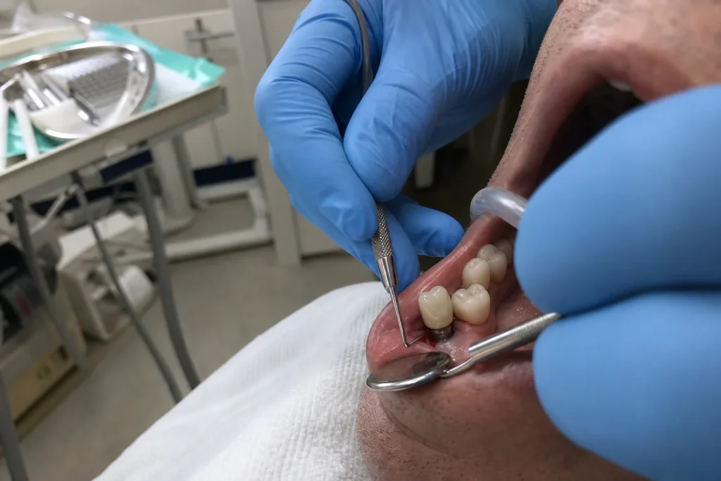 Handskbeklädda händer kontrollerar tandköttet vid en implantatkrona med parodontalsond, del i arbete kring långsiktig impl...