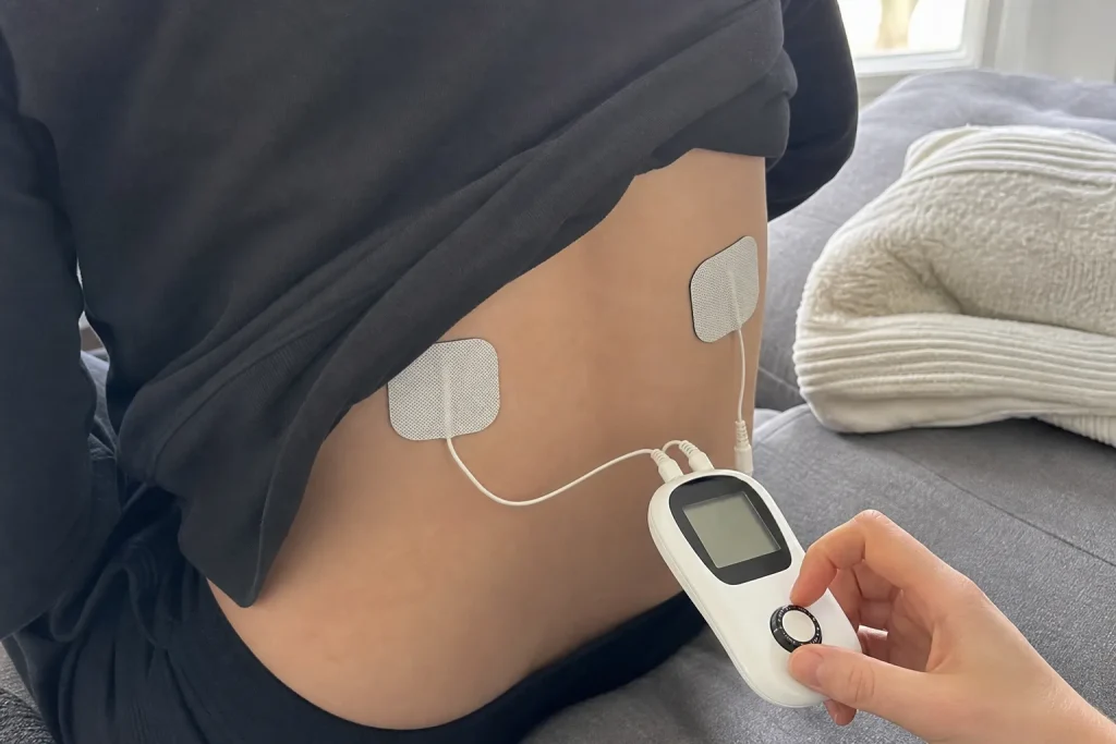 TENS-apparat med elektroder på nedre ryggen, ett exempel på neuropati fötter behandling i hemmiljö