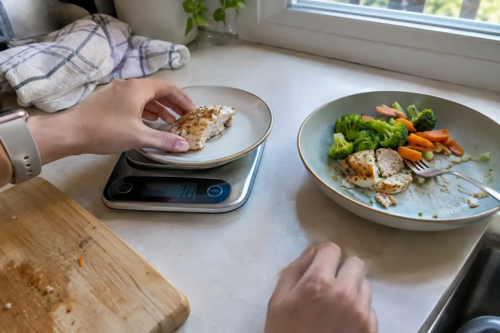 Vardaglig telefonbild av en person som väger en portion mat på en köksvåg i morgonljus, relaterat till artikeln om experim...