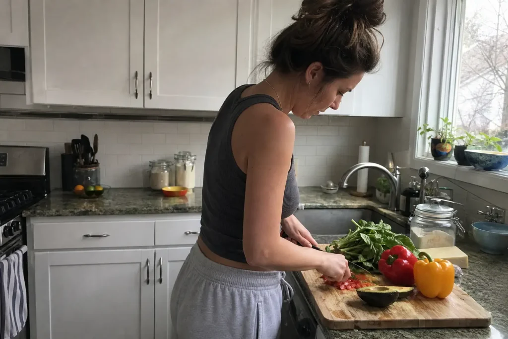 Person skär grönsaker och ost i köket, ett vardagligt exempel på lchf recept i vardagen