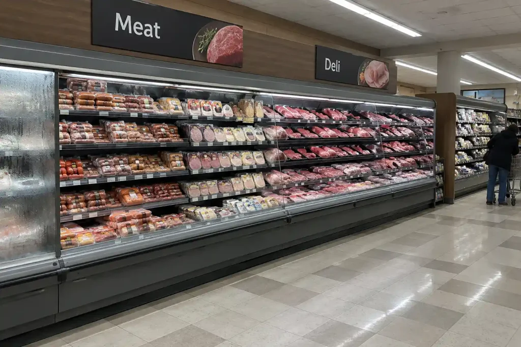 Kyl- och charkdisk i mataffär, tema: två typer av kött ökar risken för diabetes dramatiskt.