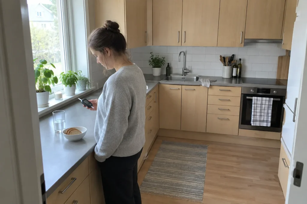 Kvinna i köket kontrollerar sitt blodsocker, vilket hör ihop med en blodsocker tabell