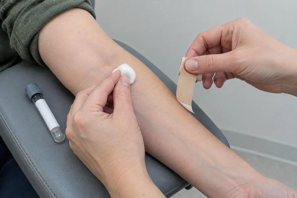 Hand trycker bomull mot underarm efter blodprov, till artikeln Borderline ApoB-värde: Risk- och tröskelvärden för behandling