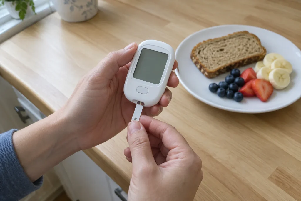Hand som sätter in ett teststicka i en blodsockermätare, bredvid en frukost, till blodsocker tabell