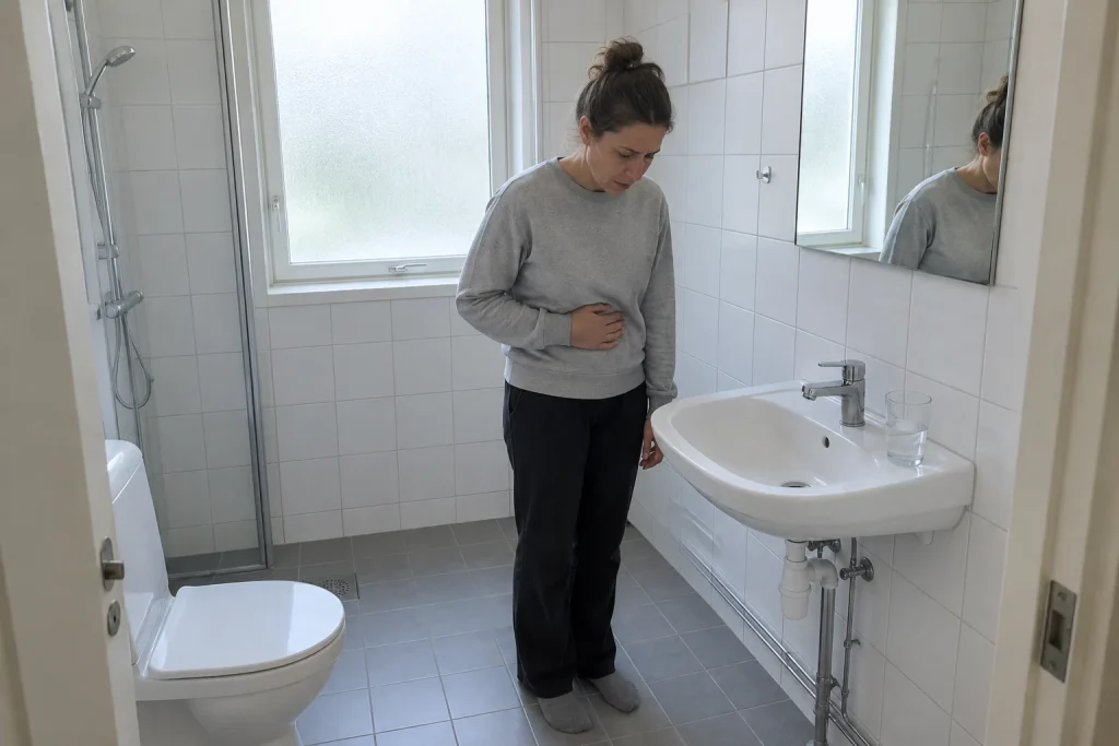 Kvinna i badrum med handen på magen, illustrerar ozempic biverkningar som illamående