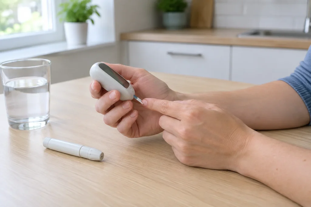 Blodsockermätning i köket, ett vardagsmoment vid graviditetsdiabetes, en diagnos som splittrar. Kaos.