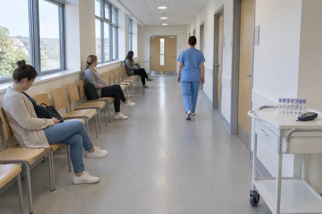 Väntrum på mödravårdsklinik där gravida sitter utspridda, ämnet graviditetsdiabetes splittrar och skapar kaos